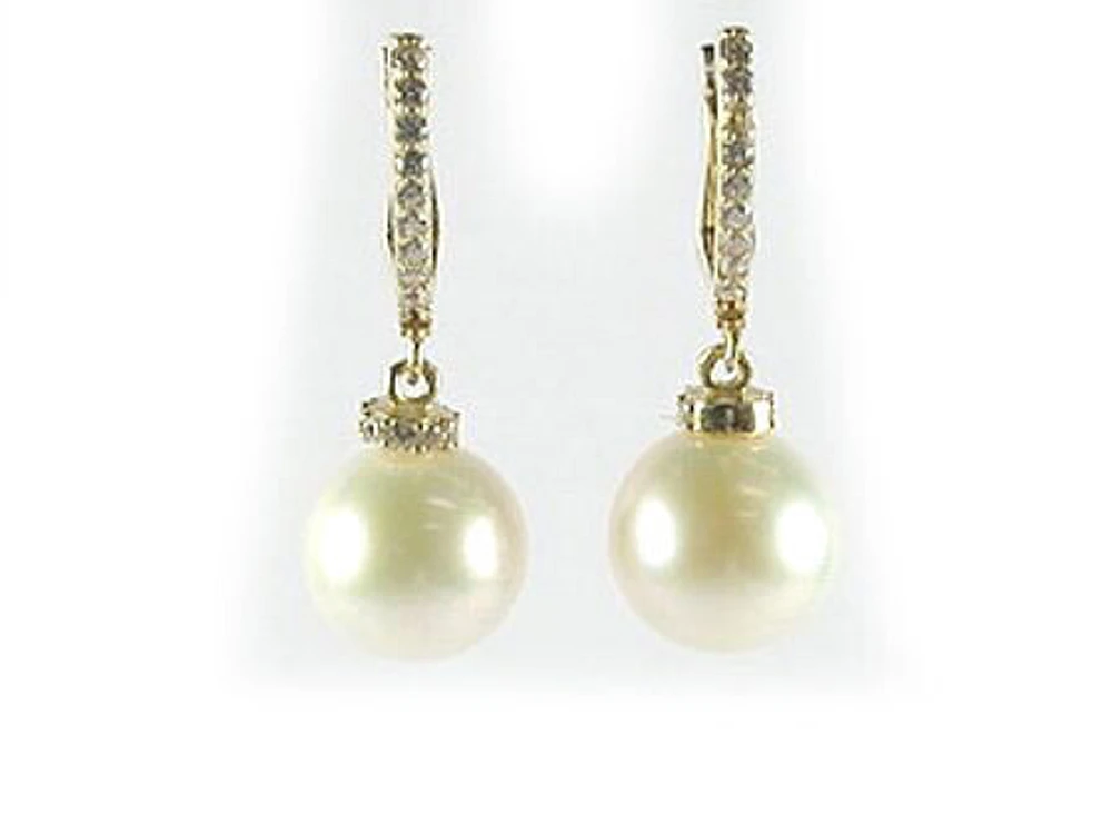 10K Gold Pearl C.Z Lever Back Earrings