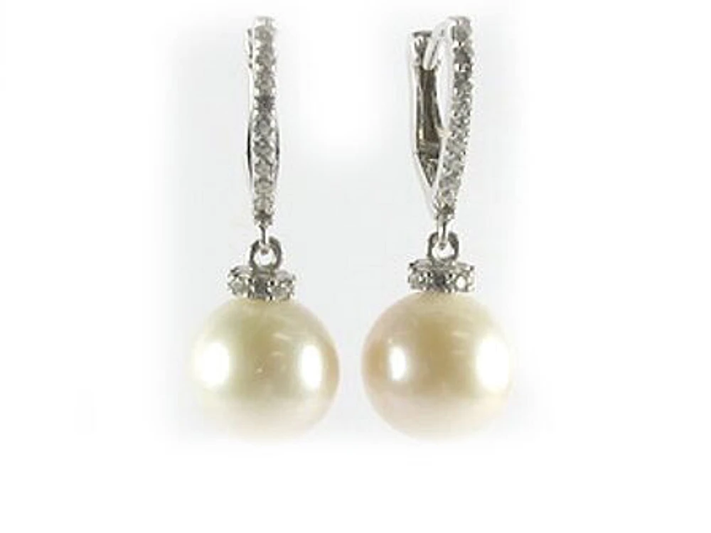 10K White Gold Pearl C.Z Lever Back Earrings