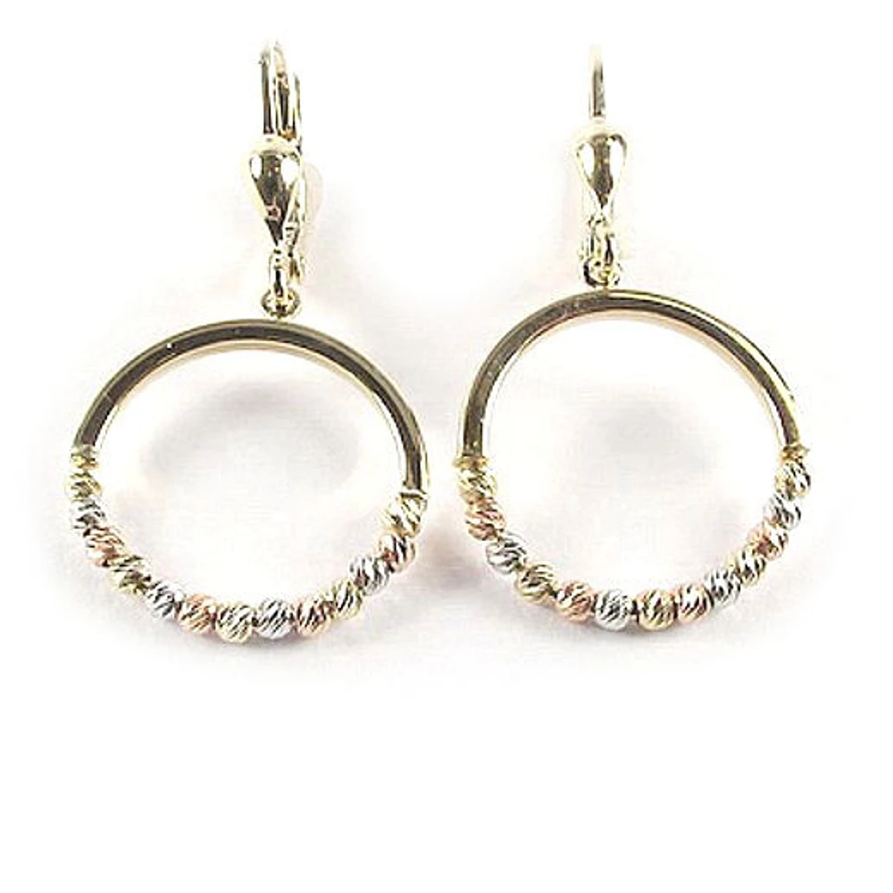 10K Yellow, White & Rose Gold Beaded Polished Dangle Earrings