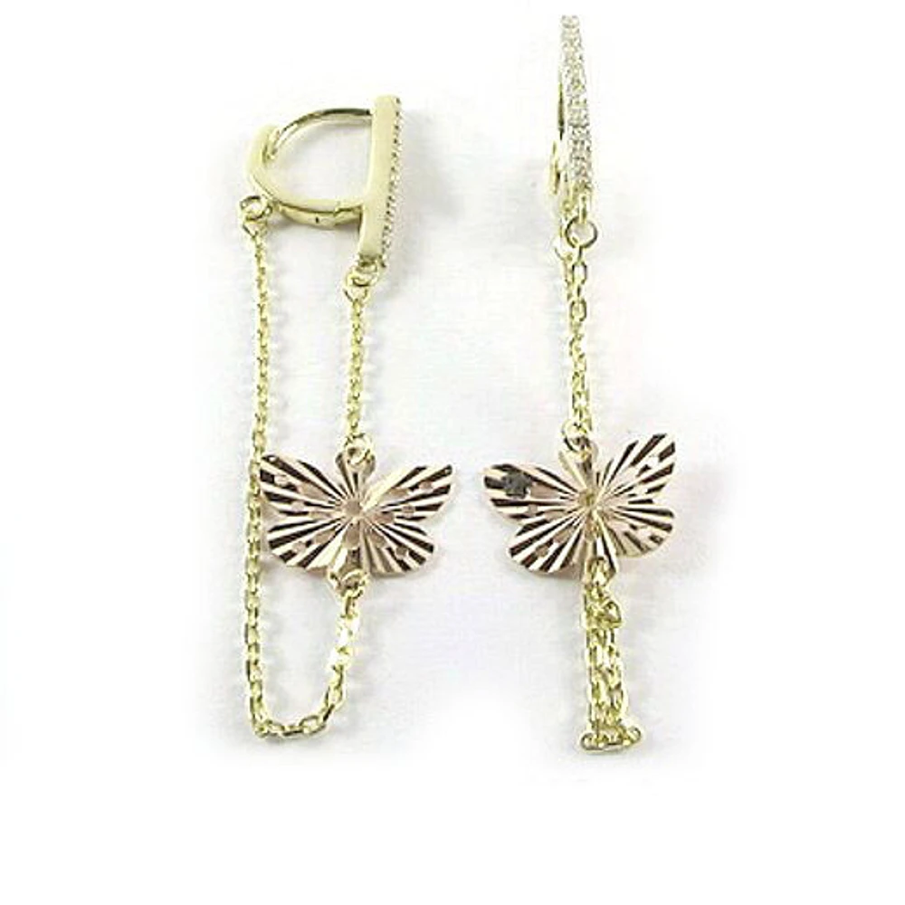 10K Yellow & Rose Gold Butterfly C.Z Dangle Earrings