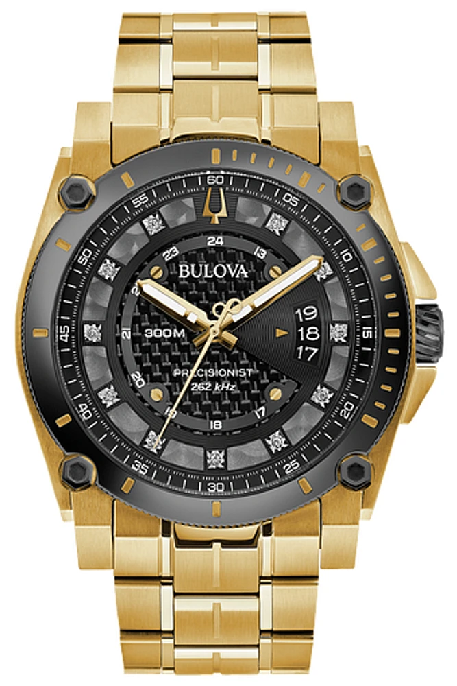 Men's Bulova Precisionist 47MM Quartz Diamond Accent Gold-Tone Watch with Black Dial 98D156