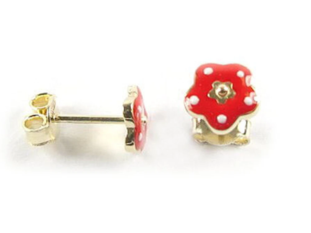 10K Yellow Gold Red Enamel Children's Stud Earrings