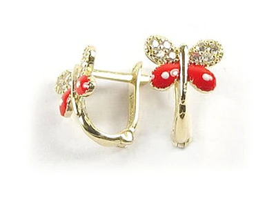 10K Yellow Gold C.Z Red Enamel Butterfly Children's Earrings