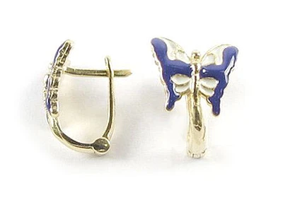 10K Yellow Gold Blue Enamel Butterfly Earrings