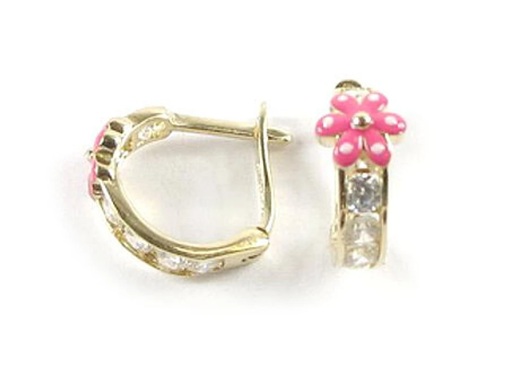 10K Yellow Gold C.Z Pink Enamel Flower Children's Earrings