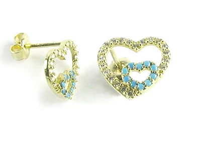 10K Yellow Gold C.Z Blue Enamel Heart Stud Earrings