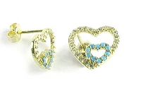 10K Yellow Gold C.Z Blue Enamel Heart Stud Earrings