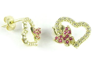 10K Yellow Gold C.Z Colored Heart Butterfly Stud Earrings