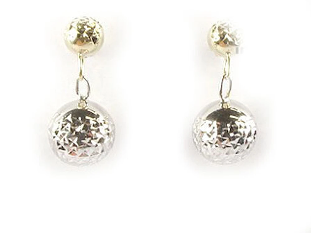 10K Yellow & White Gold Shimmer Cut Ball Dangle Earrings