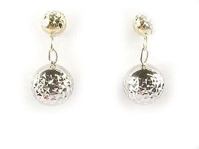 10K Yellow & White Gold Shimmer Cut Ball Dangle Earrings