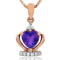 Diamond Accent Heart Cut Amethyst Crown Pendant 14KT Gold