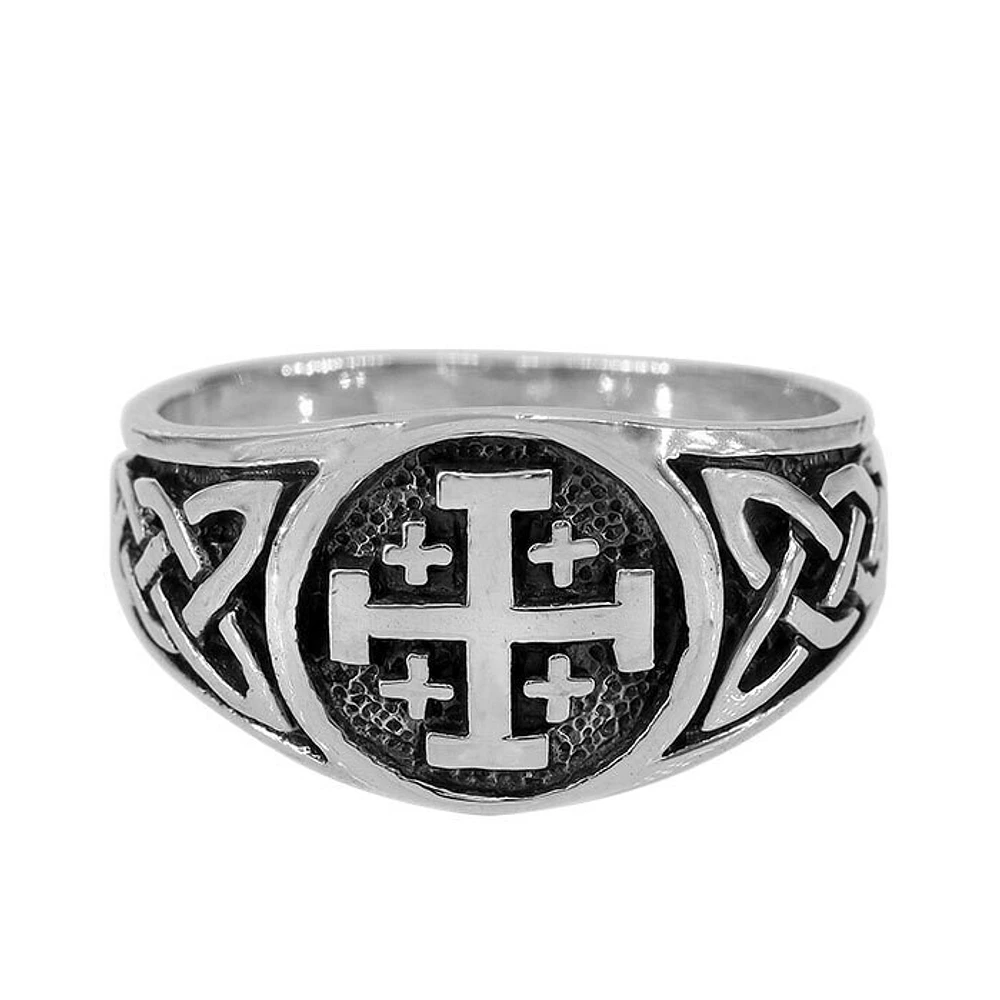 Sterling Silver, 11mm Jerusalem Cross Ring With Celtic Knot Band