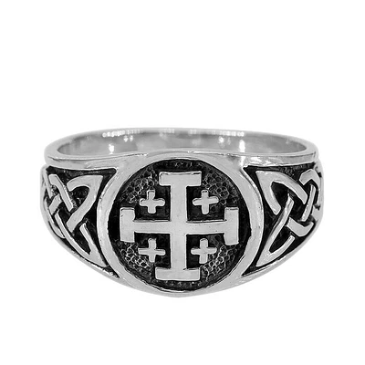 Sterling Silver, 11mm Jerusalem Cross Ring With Celtic Knot Band