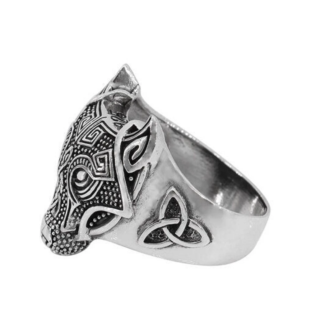 Sterling Silver, Celtic Knot Wolf Head Ring, 21mm Width