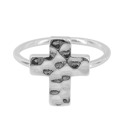 Sterling Silver, 12X15mm Hammered Cross Ring With 1.5mm Band