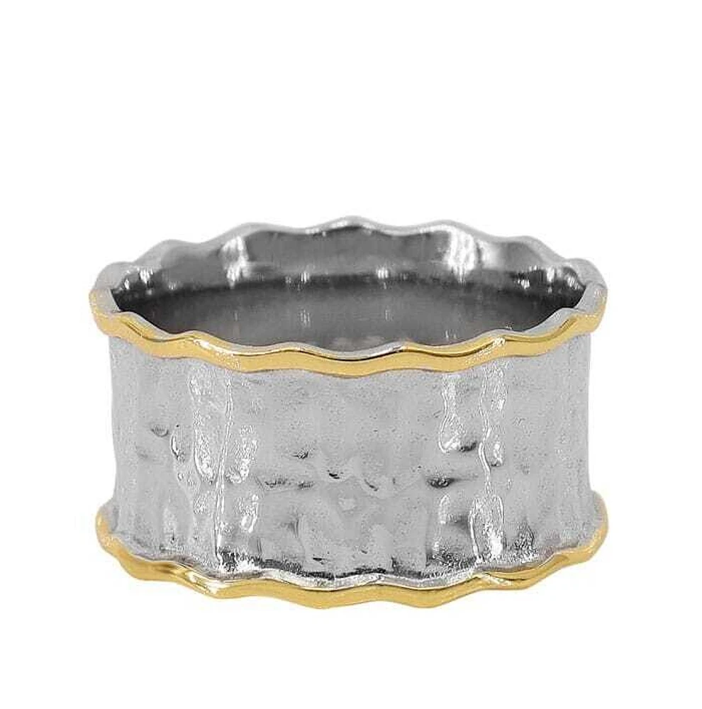 Sterling Silver, 2 Tone And Hammered Finished Ring, 11mm Width