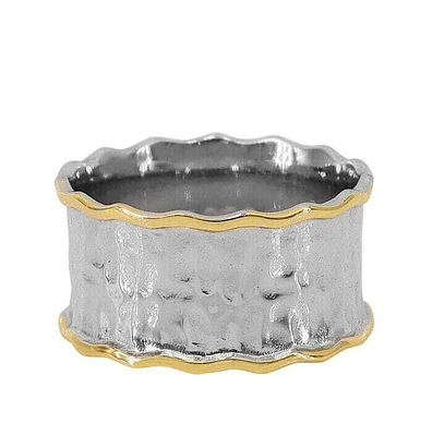 Sterling Silver, 2 Tone And Hammered Finished Ring, 11mm Width