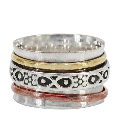 Sterling Silver With Copper And Brass Band, 3 Tone Meditation Ring, 14mm Width