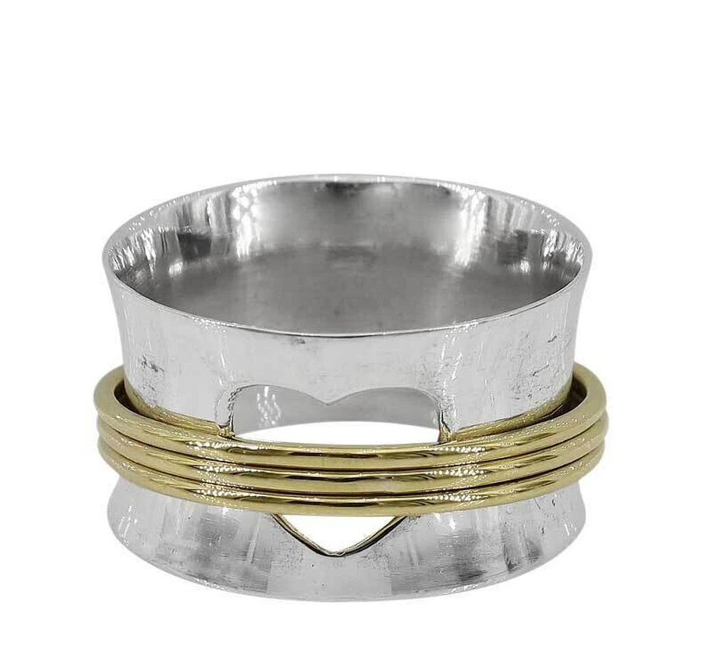 Sterling Silver With Brass Band, 2 Tone Meditation Ring Heart Cut Out, 13mm Width