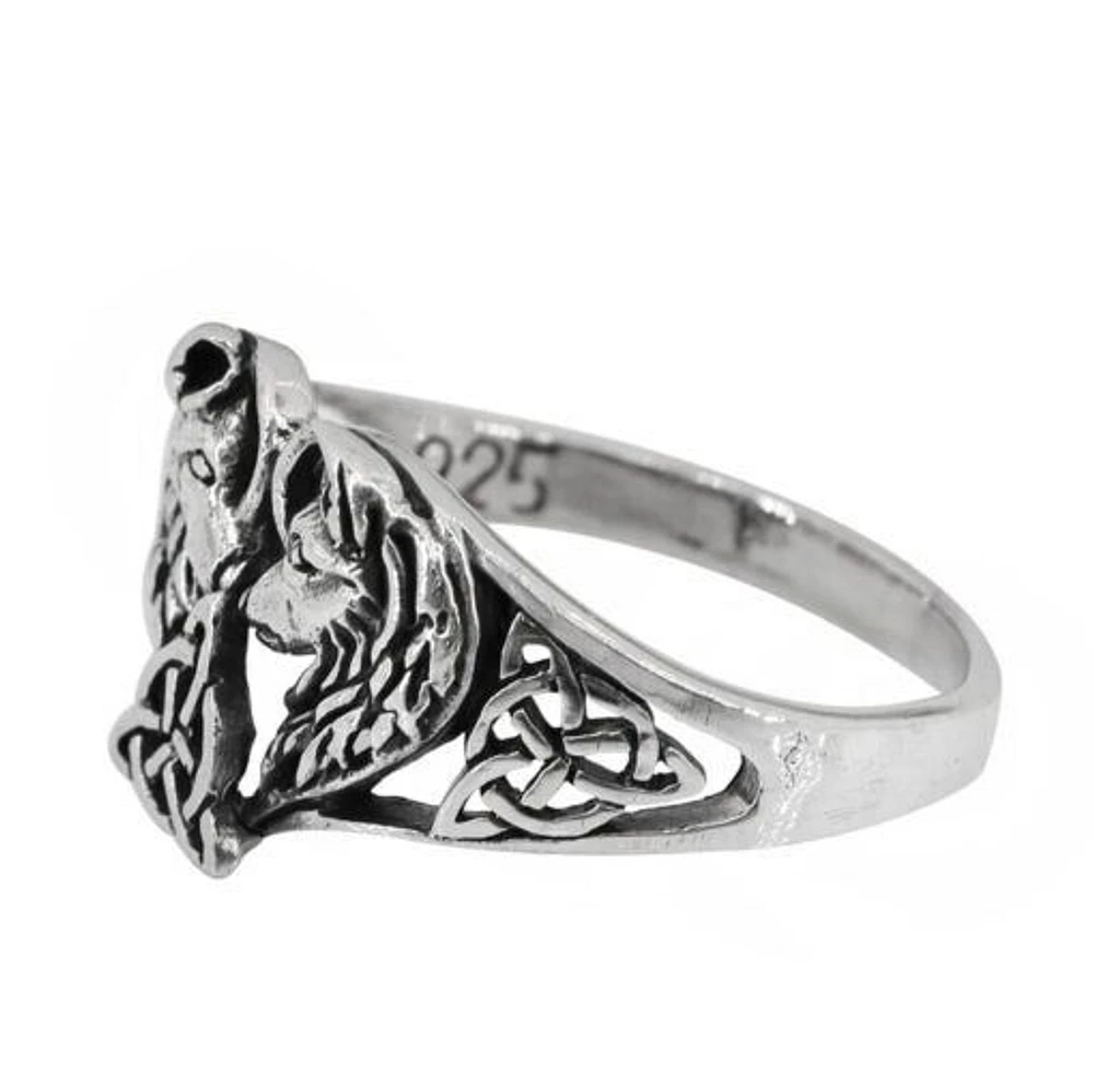 Sterling Silver, Double Wolf Head With Celtic Knot Ring, 14mm Width