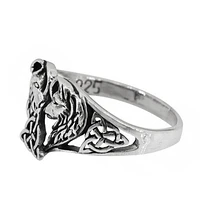 Sterling Silver, Double Wolf Head With Celtic Knot Ring, 14mm Width