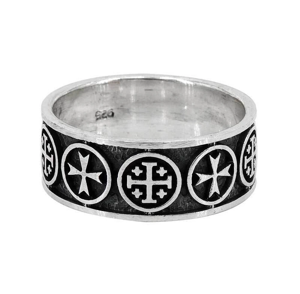 Sterling Silver Ring With Multi Cross Symbol, 9mm Width