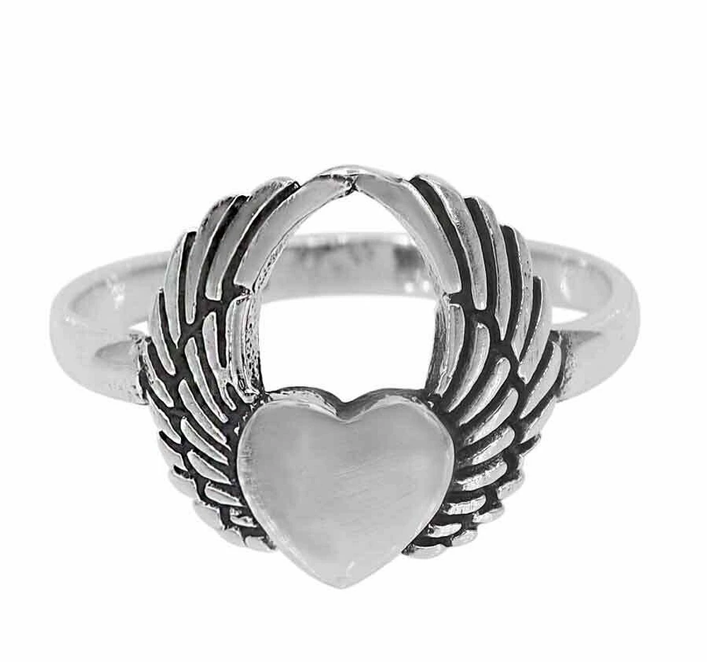 Sterling Silver, Angel Wings With Heart Ring, 14mm Width, 2mm Band