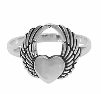 Sterling Silver, Angel Wings With Heart Ring, 14mm Width, 2mm Band