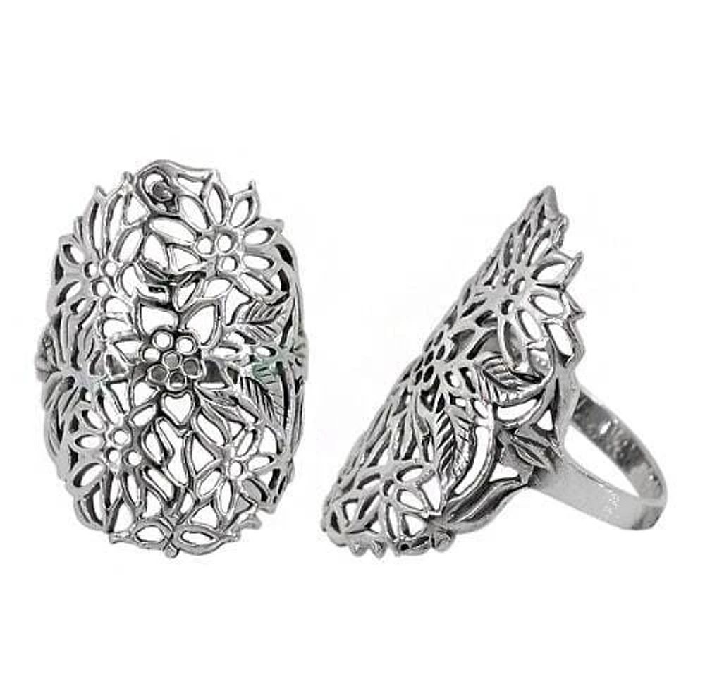 Sterling Silver Long Ring With Flower Filigree Design