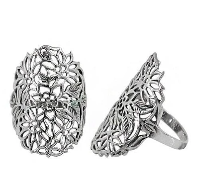 Sterling Silver Long Ring With Flower Filigree Design