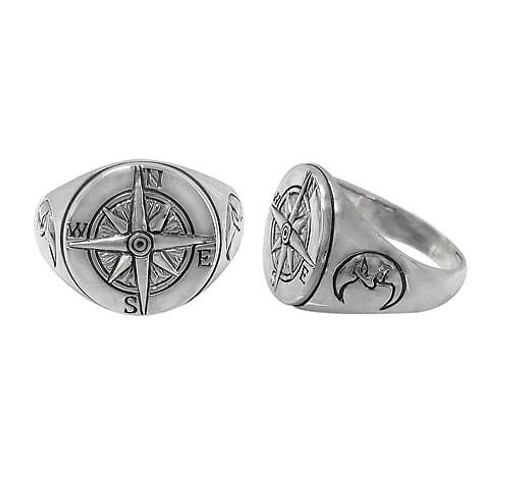 Sterling Silver, Compass Ring With Crescent Moon Design, 18mm Width