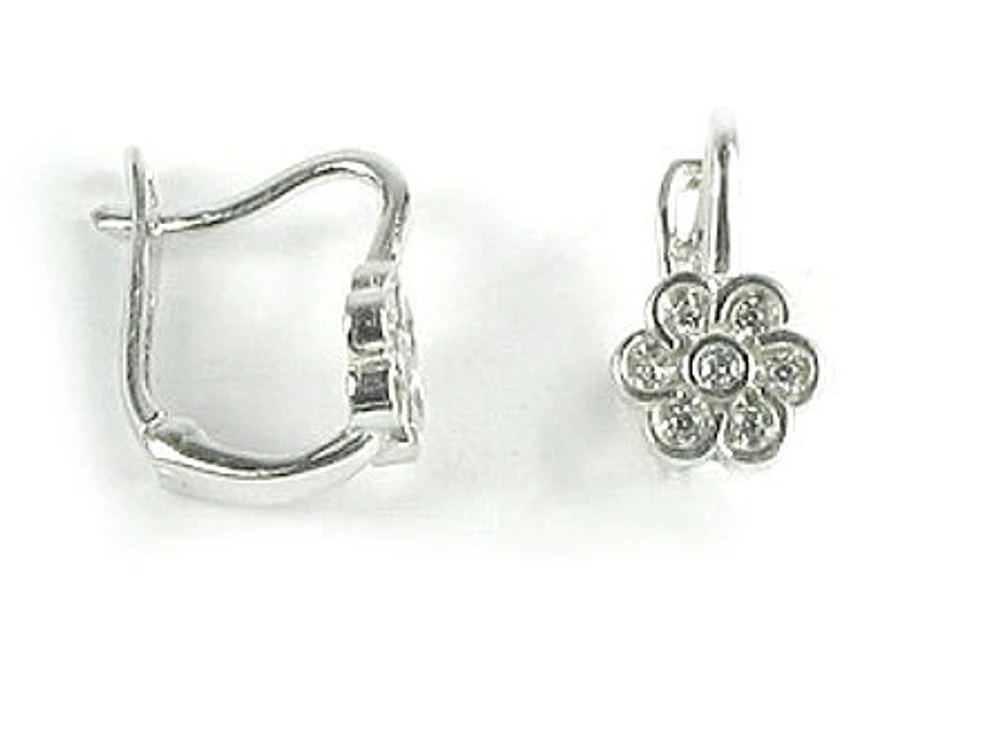 10K White Gold Flower C.Z Lever Back Earrings