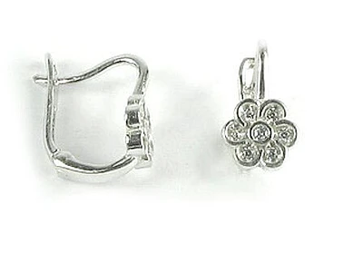 10K White Gold Flower C.Z Lever Back Earrings