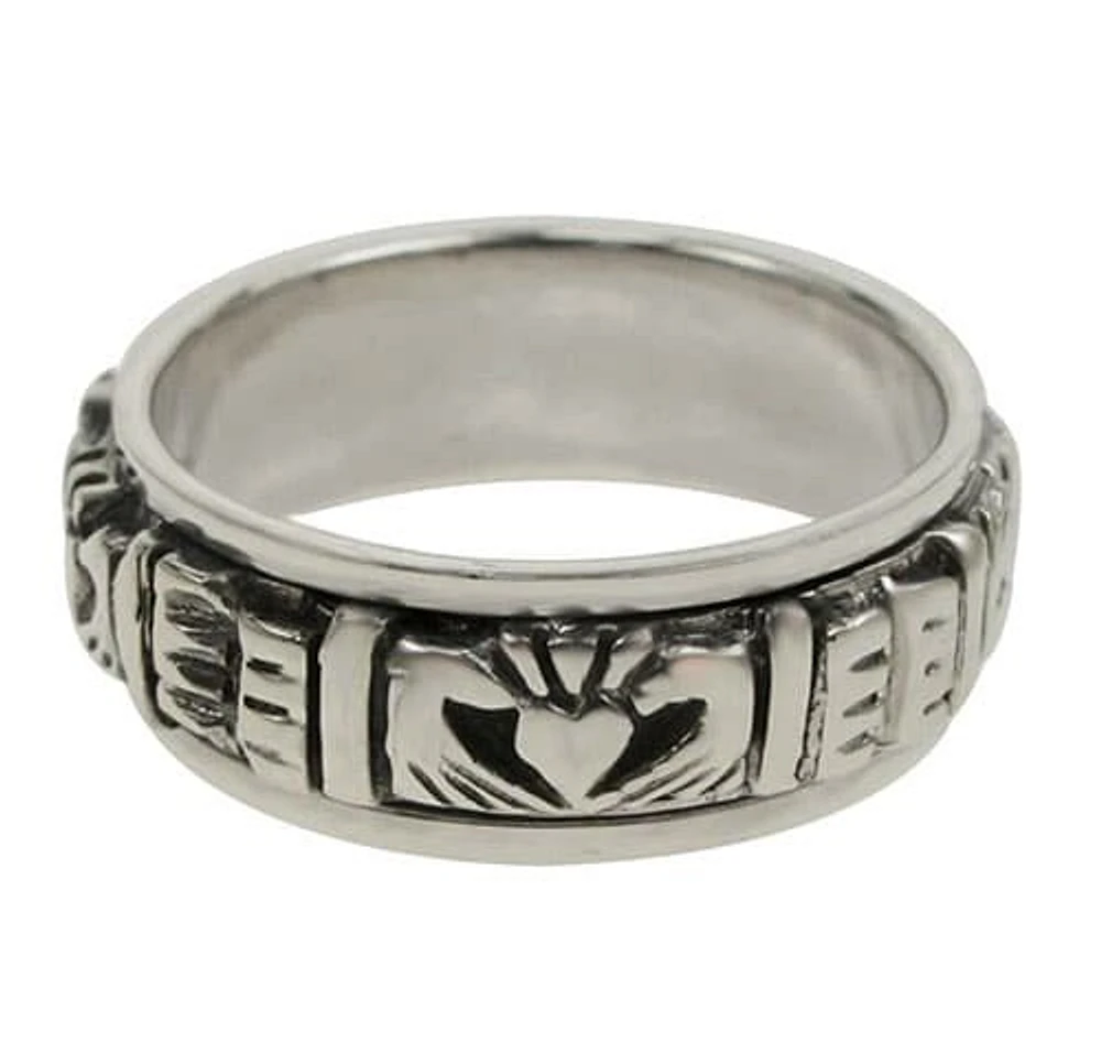 Sterling Silver, Smooth Claddagh Spin Ring. Approx Size: 8mm Width