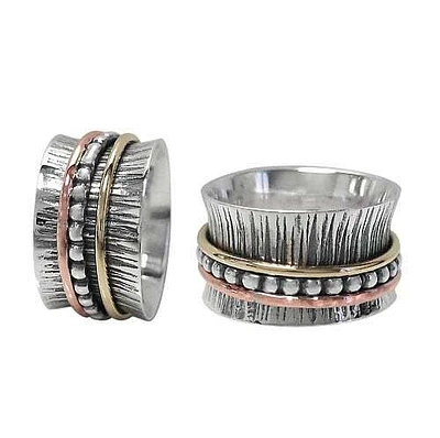 Sterling Silver With Copper And Brass Band, 3 Tone Meditation Ring. Approx Size: 12mm Width