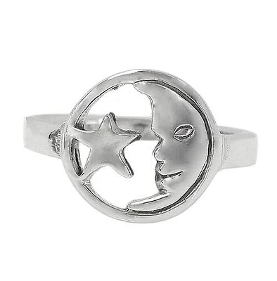 Sterling Silver, Crescent Moon And Star Ring. Approx Size: 12mm Width