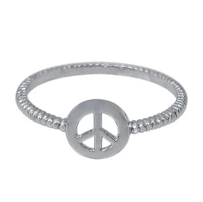 Rhodium Plated On Sterling Silver, Smooth Peace Sign Ring. Approx Size: 7mm Width