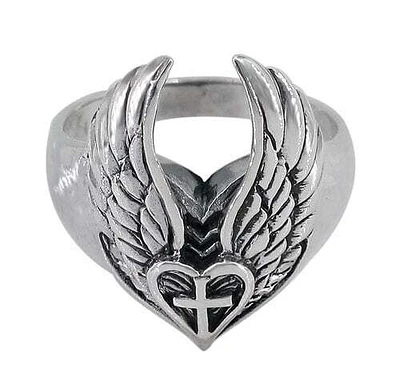 Sterling Silver, Wings With Heart And Cross Pendant, 25Mm Width