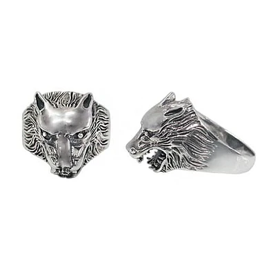 Sterling Silver, Detail Wolf Head Ring. Approximate Frame Size: 20mm Width