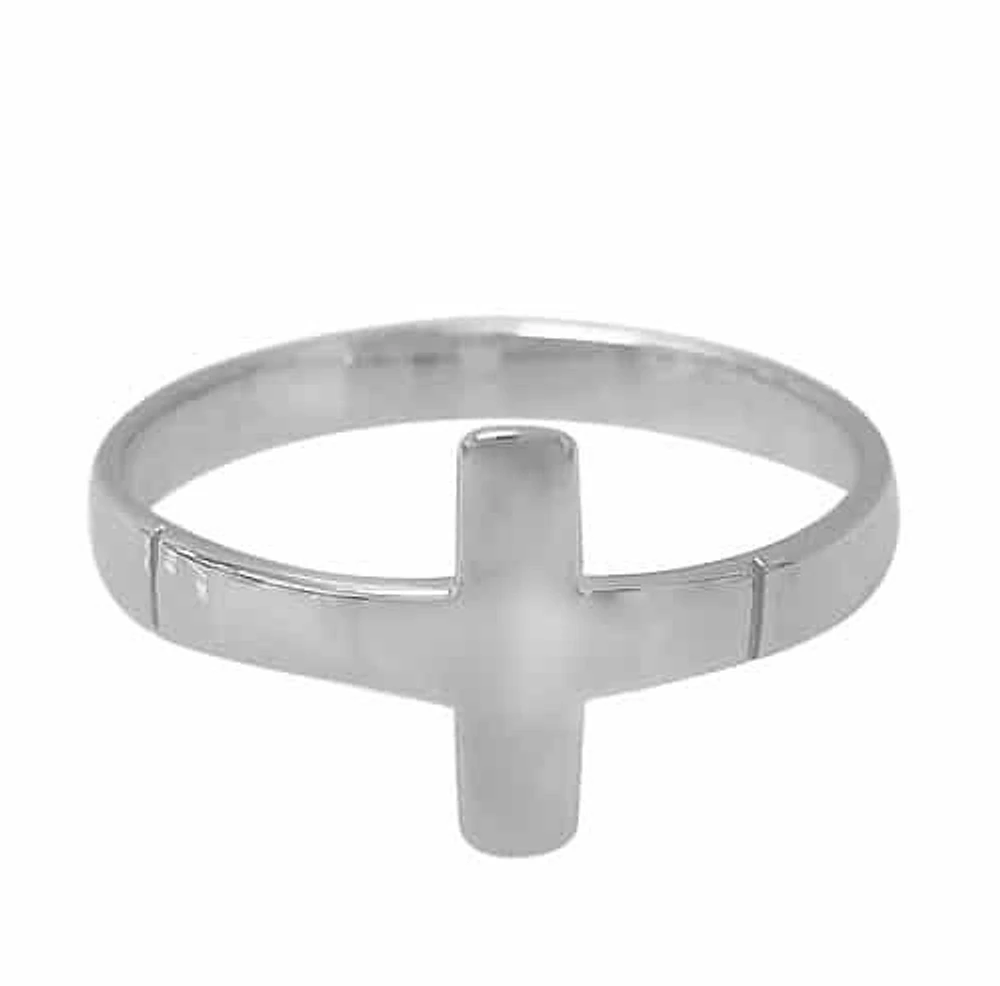 Rhodium Plated On Sterling Silver, Smooth, Flat Cross Ring. Approx Size: 10mm Width