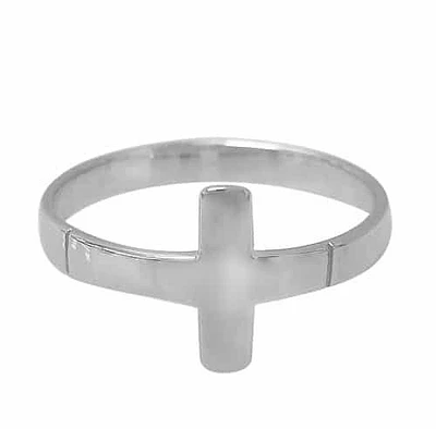 Rhodium Plated On Sterling Silver, Smooth, Flat Cross Ring. Approx Size: 10mm Width