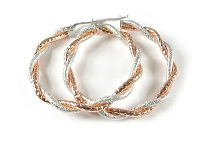 10K White & Rose Gold Twisted Hoop Earrings