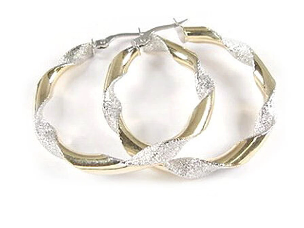 10K Yellow & White Gold Shimmer Cut Twisted Hoop Earrings