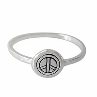 Rhodium Plated On Sterling Silver, Hammered Finish, Peace Sign Ring. Approx Size: 8mm Width