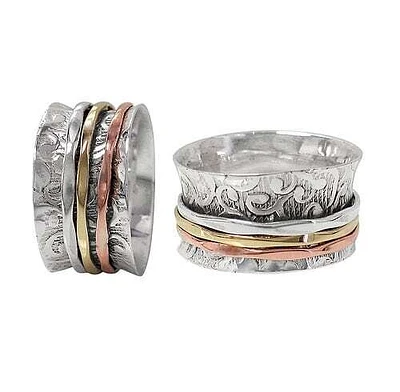 Sterling Silver With Copper And Brass Band, 3 Tone Meditation Ring With Swirl Design. Approx Size: 11mm Width