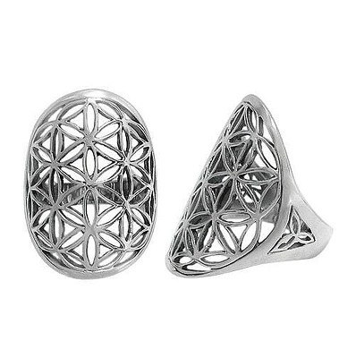 Sterling Silver Long Ring With Flower Of Life Design, 30mm Length