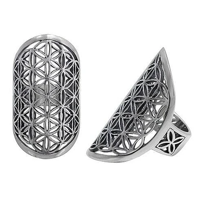 Sterling Silver Long Ring With Flower Of Life, 37mm Length