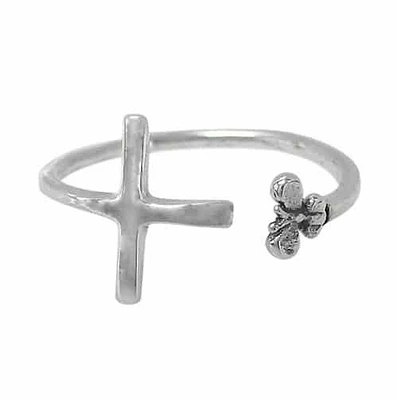 Sterling Silver, Adjustable Ring With Cross And Butterfly Design. Approximate Size: 11mm Width