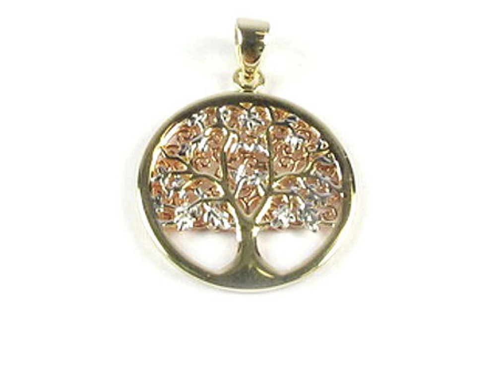 10K Yellow, White & Rose Gold Tree Pendant