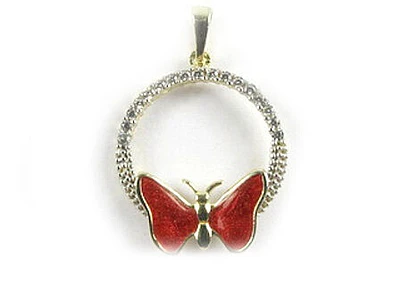 10K Yellow Gold C.Z Red Enamel Butterfly Pendant